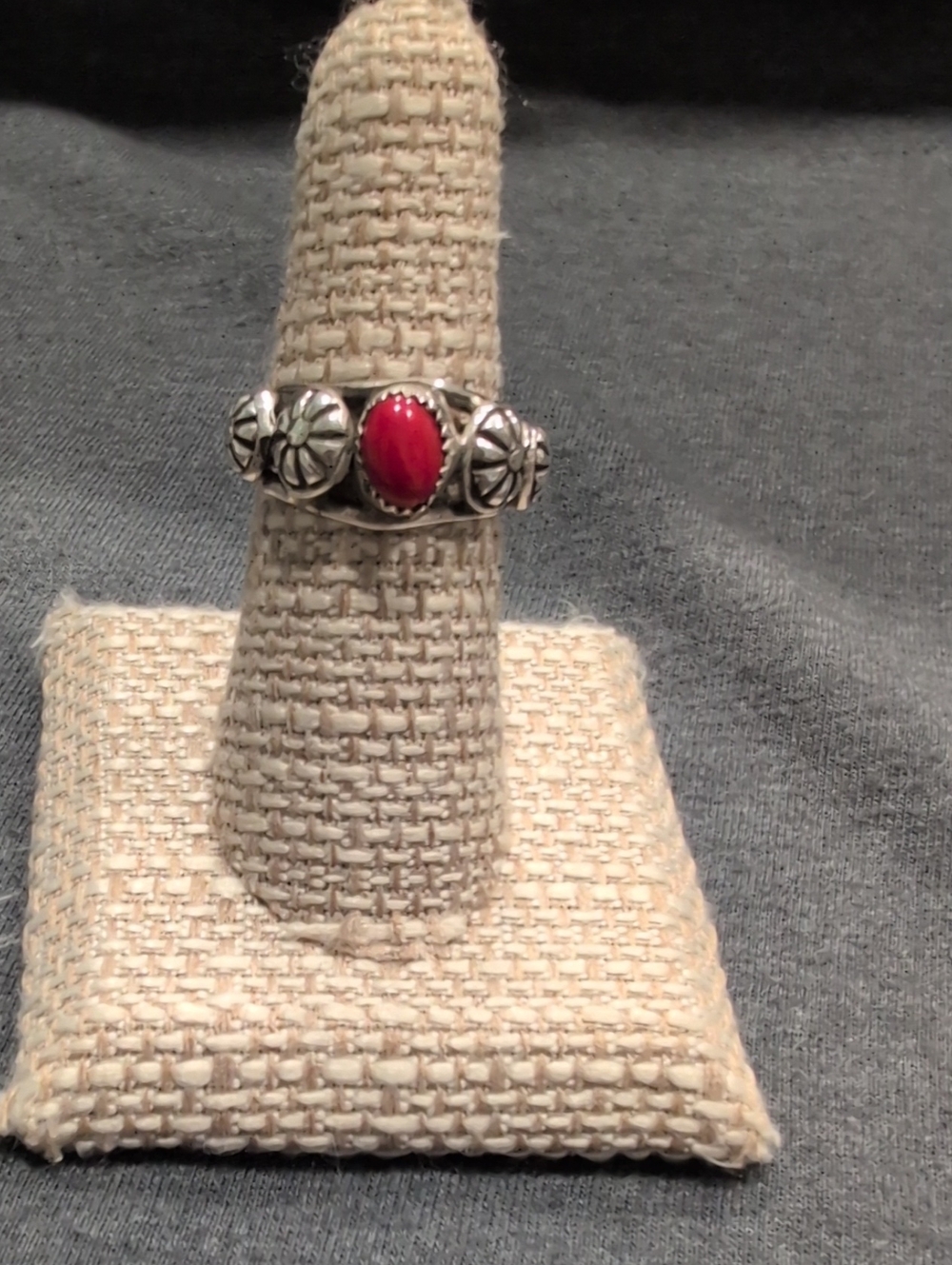 Sterling Silver Red Coral Floral Accent Ring